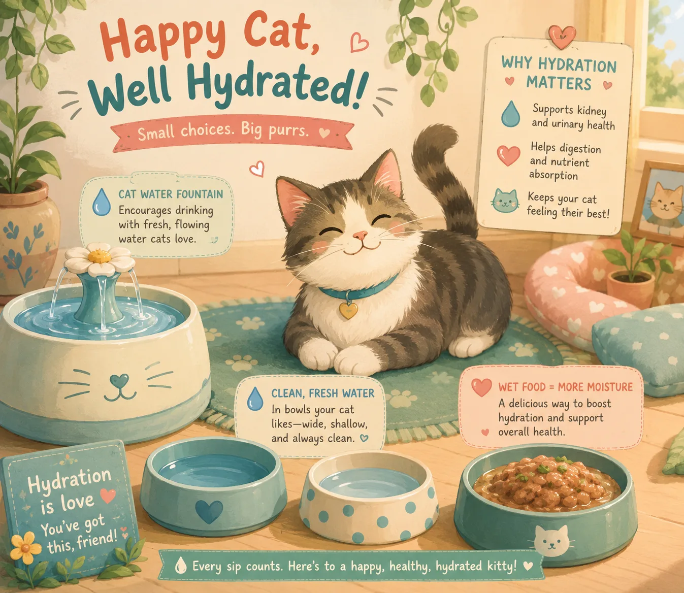 Cat enjoying better hydration with fountain bowls and wet food