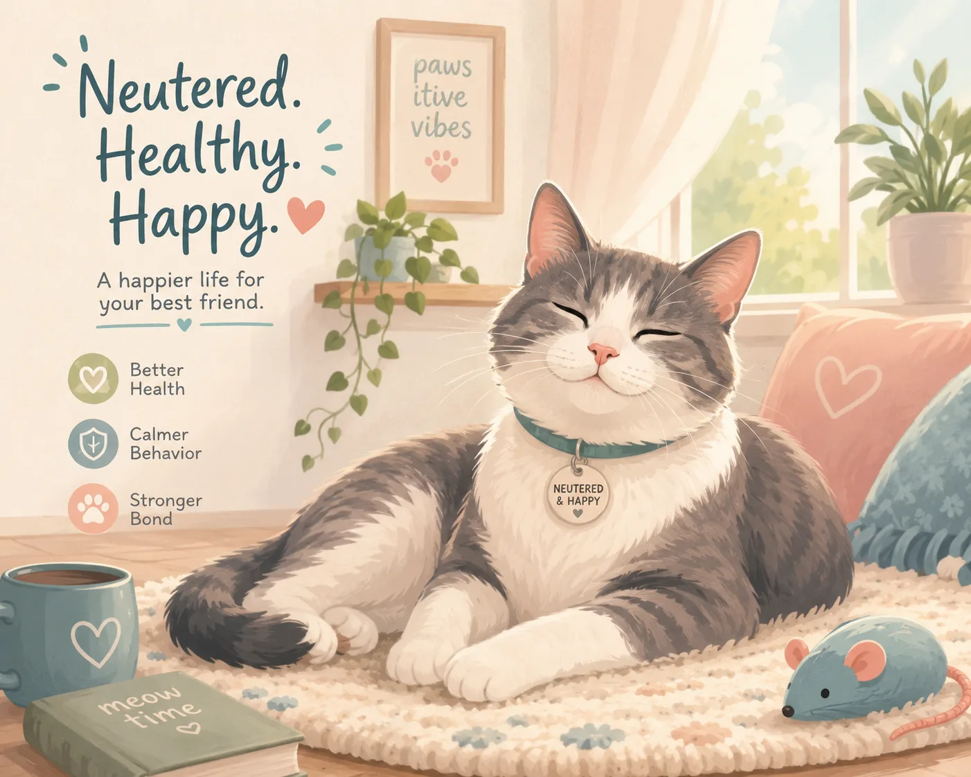 Calm illustrated neutered cat relaxing at home