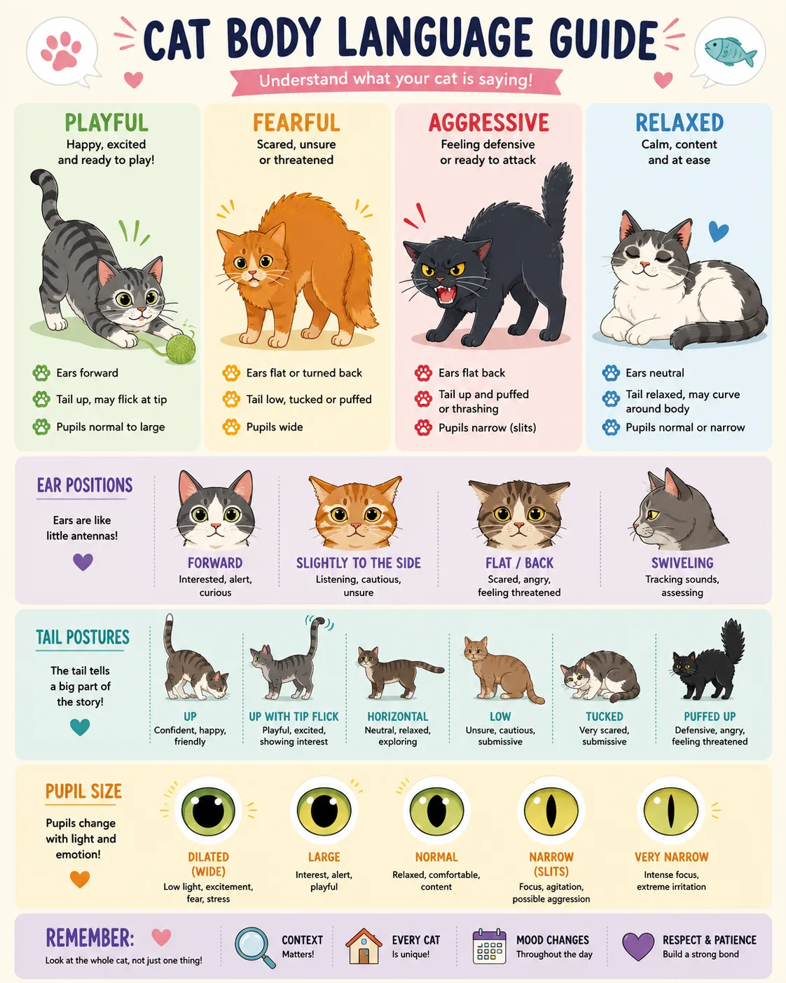 Illustrated comparison of cat body language and pupil signals