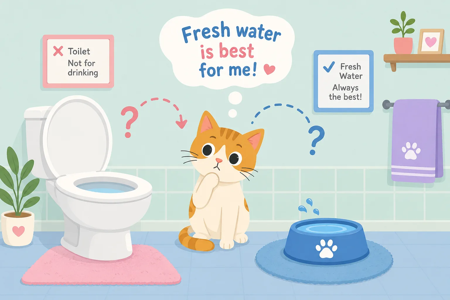 Cat curiously choosing toilet water instead of a fresh bowl