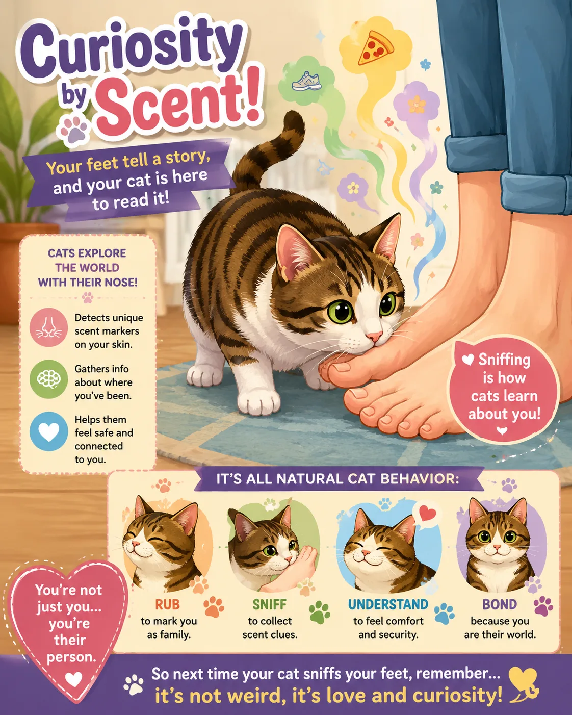 Curious cat investigating human feet using scent and grooming instincts