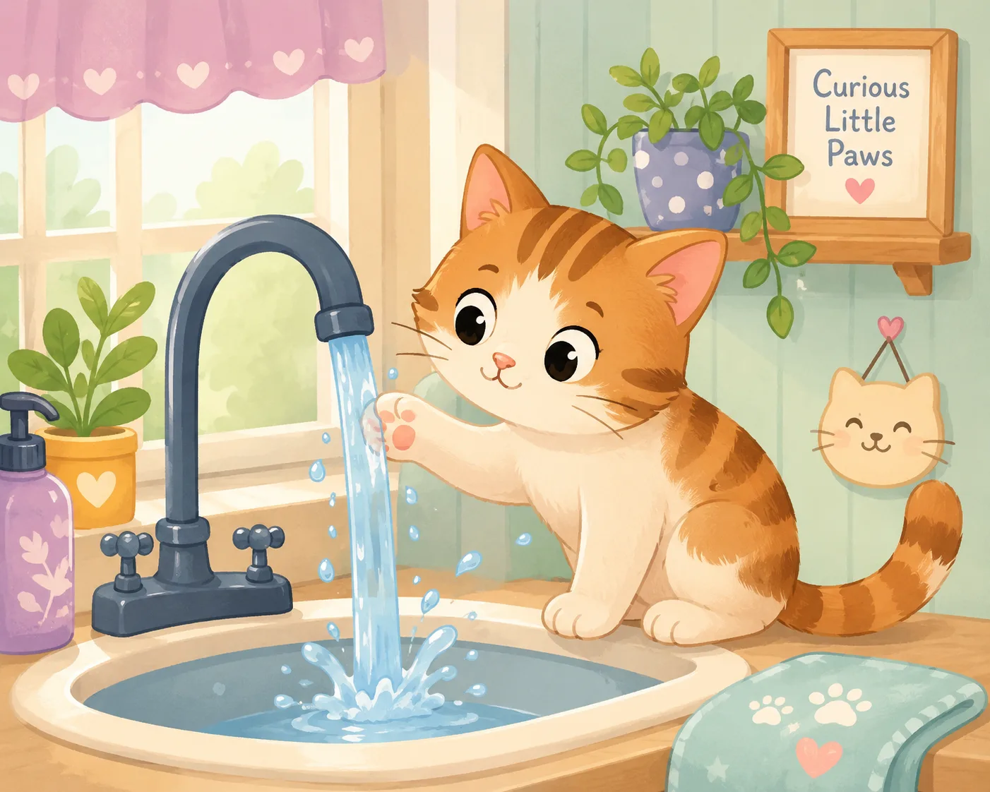 Cat fascinated by running water from a faucet