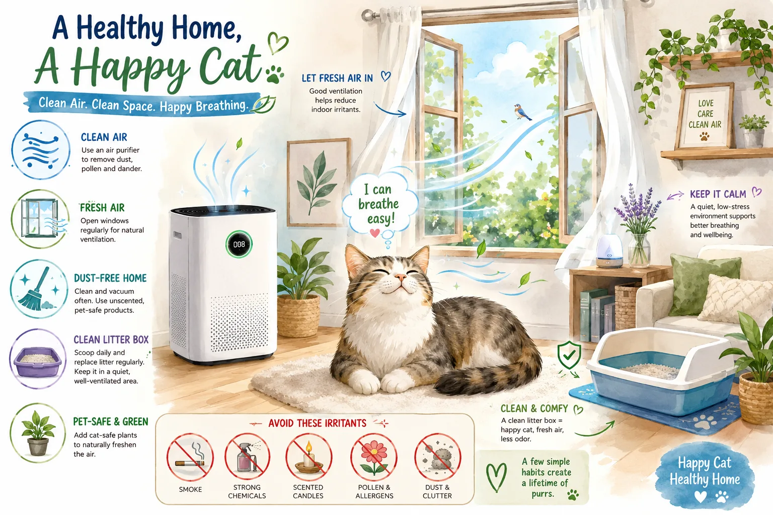 Illustration of a cat-friendly home with cleaner air and reduced irritants