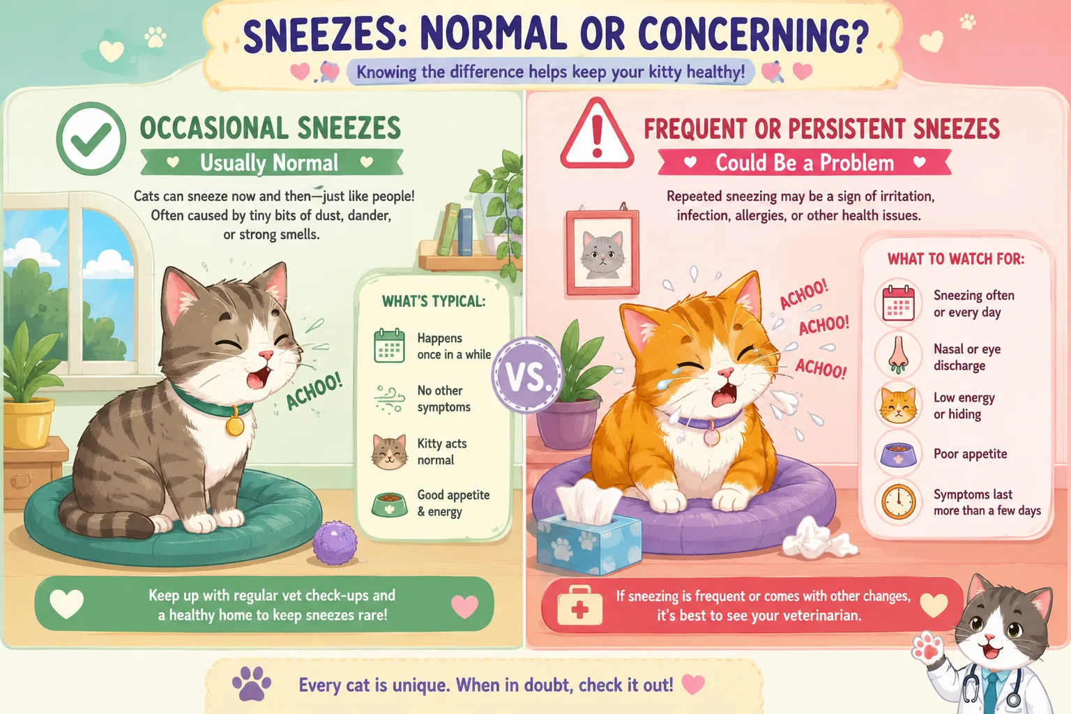 Illustration comparing occasional and persistent cat sneezing patterns