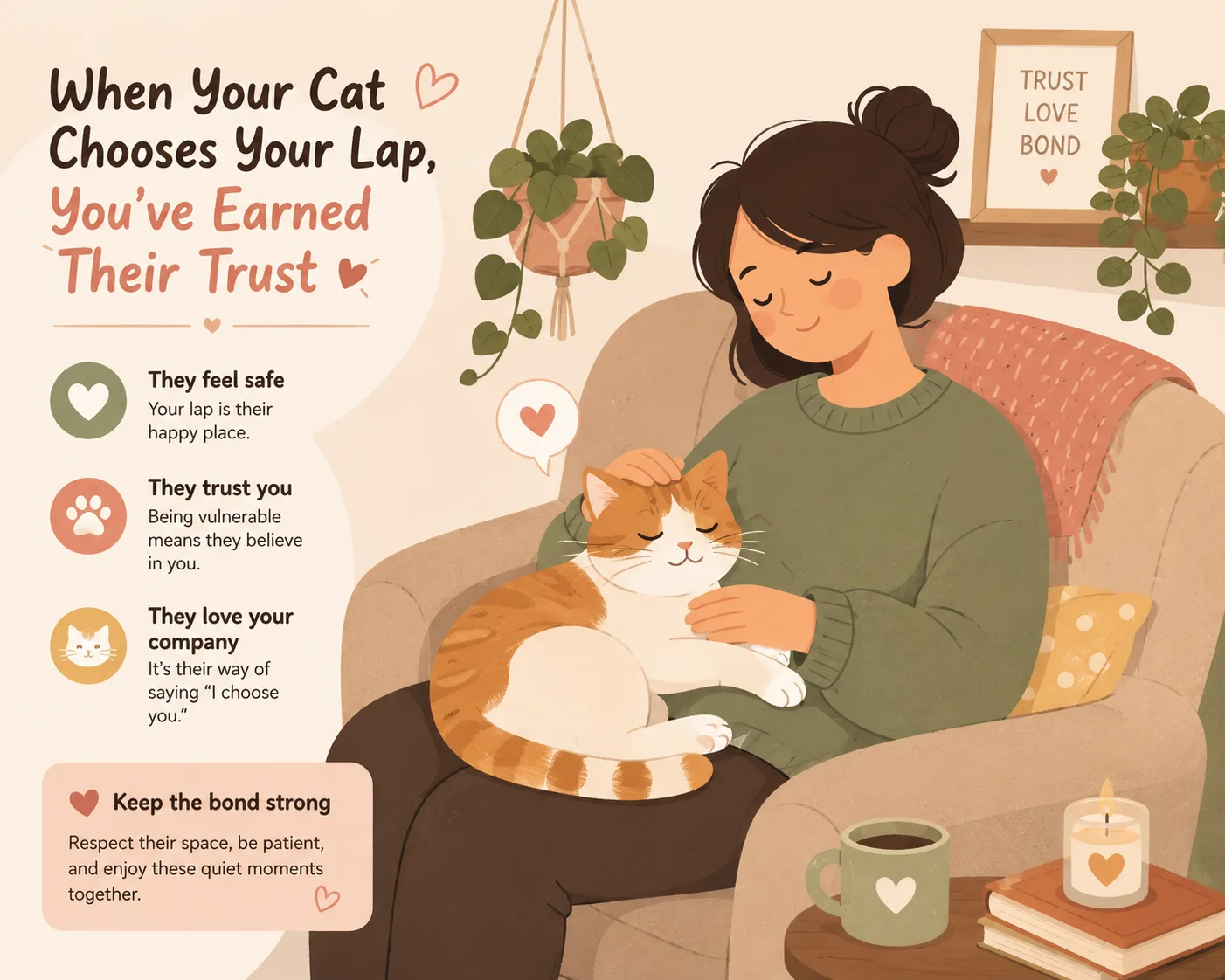 Cat and owner bonding through peaceful lap sitting