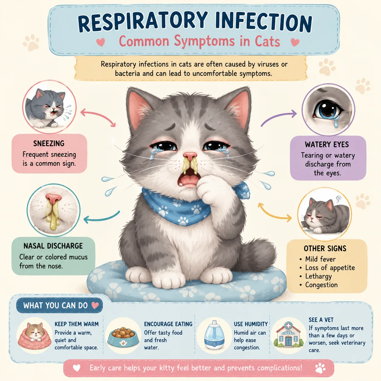Cartoon cat showing common respiratory infection symptoms