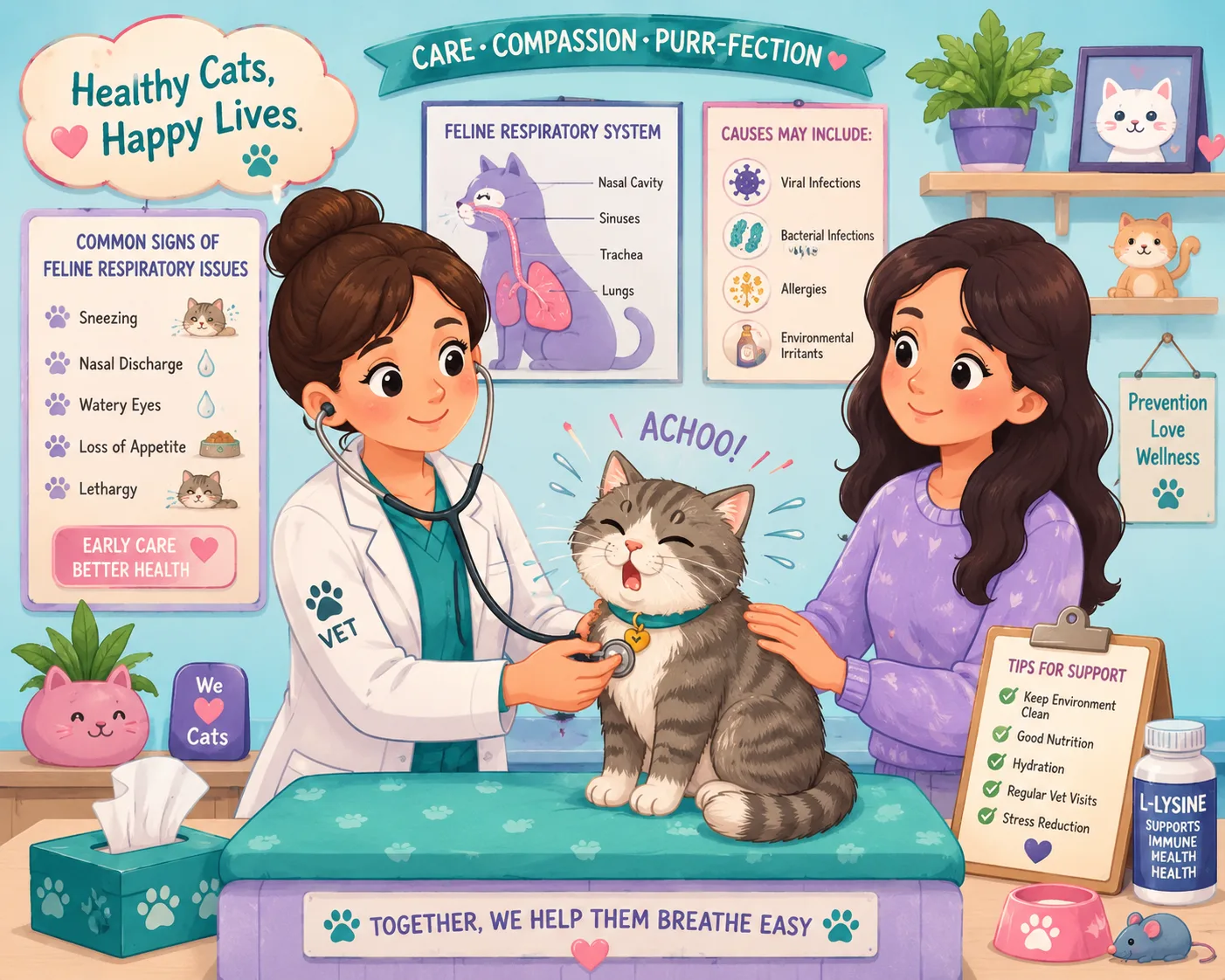 Veterinarian examining a cat for chronic sneezing causes