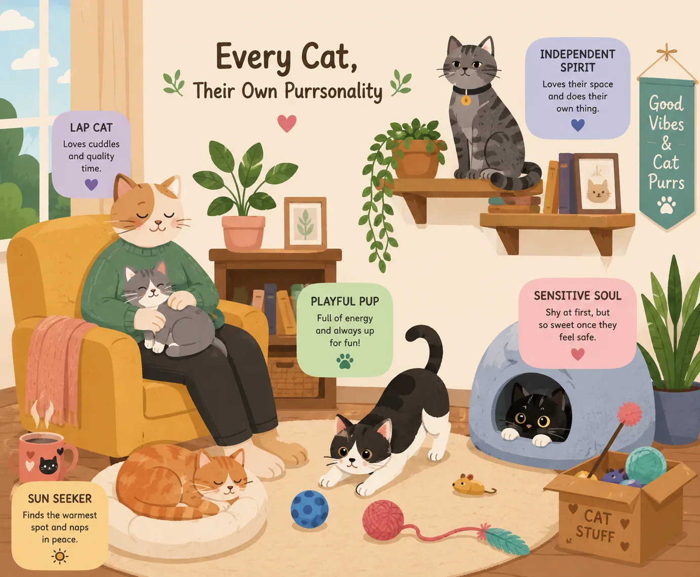 Different cat personalities relaxing around a cozy home