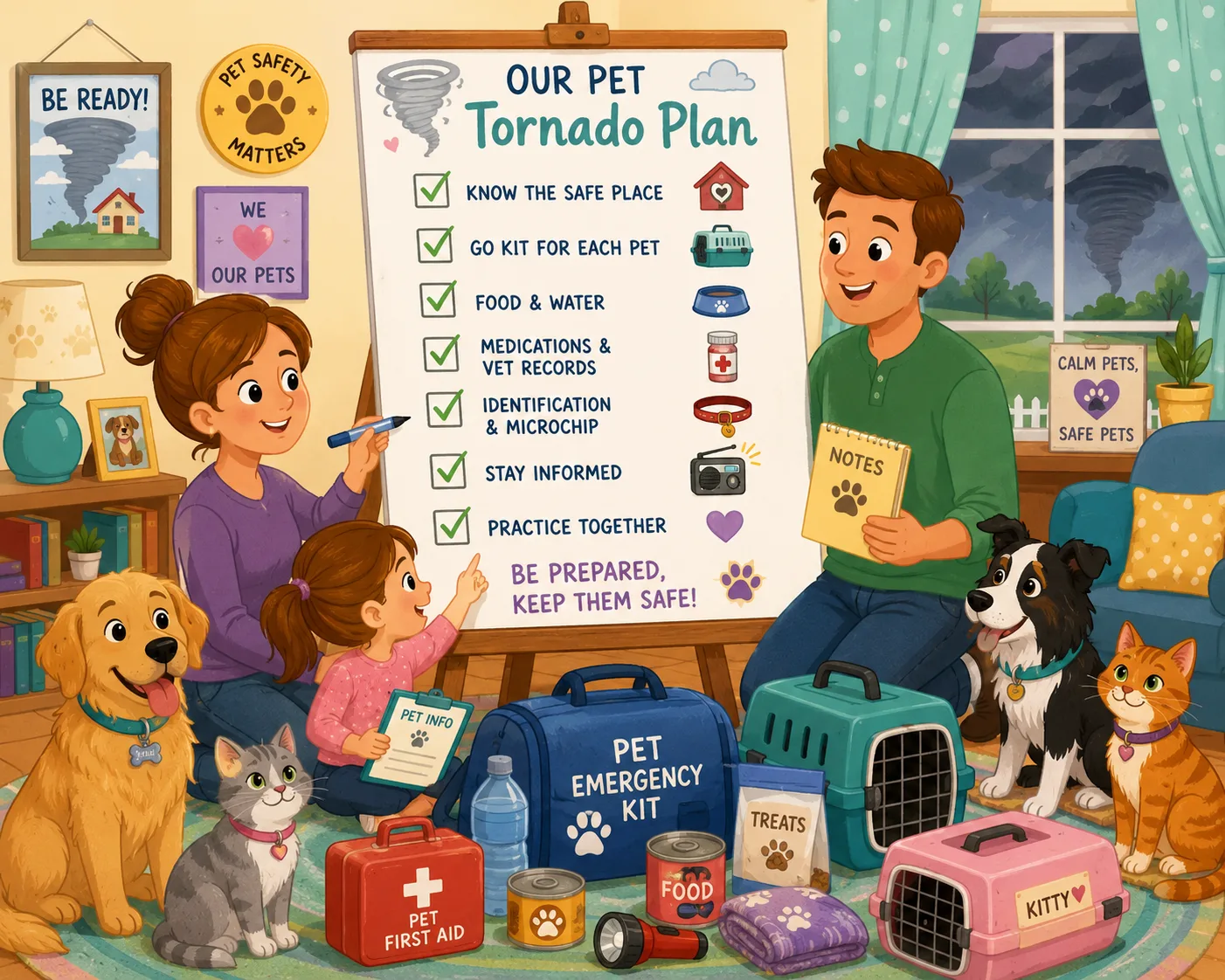 Family creating a tornado preparedness plan for pets