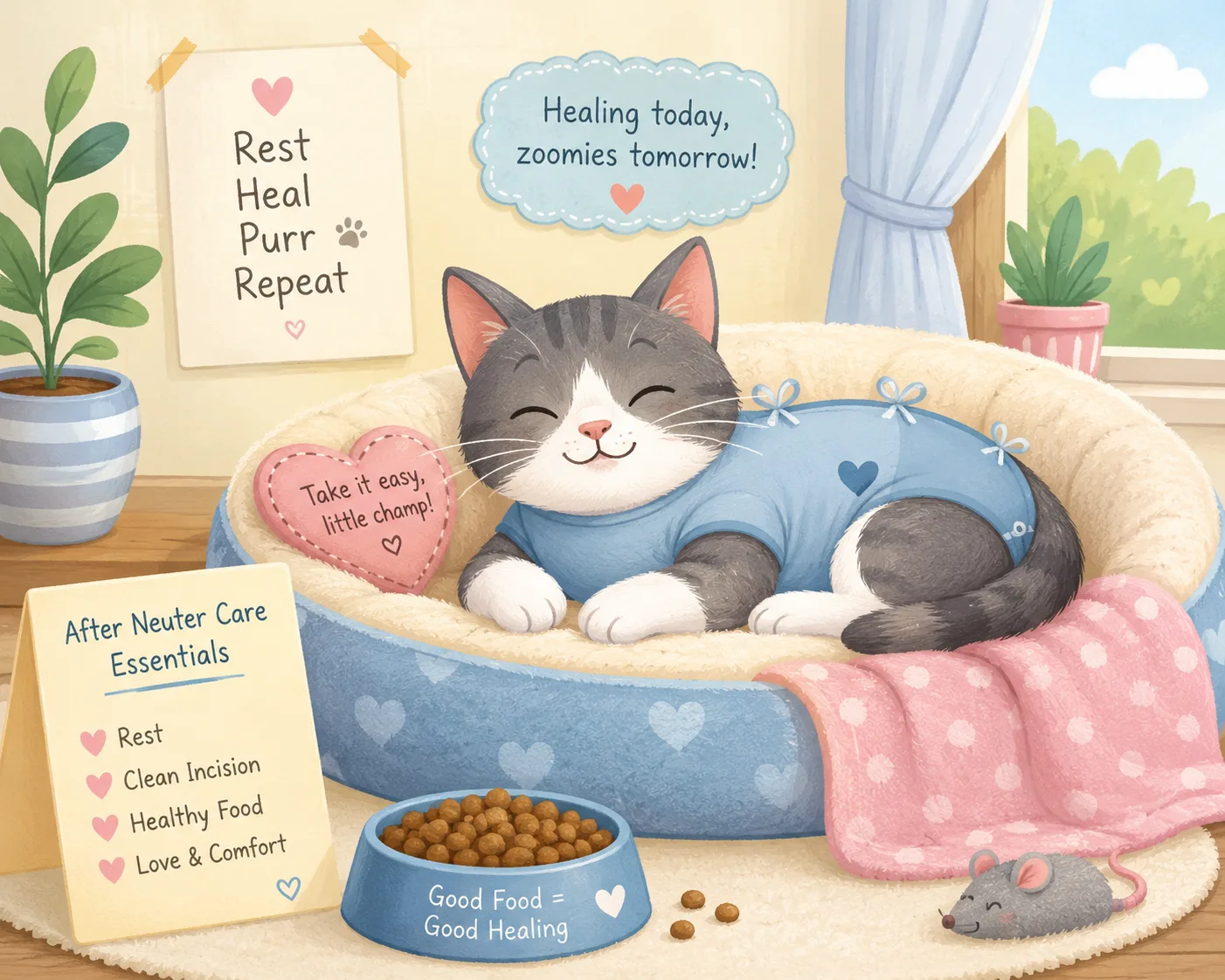 Healthy illustrated cat after neutering care at home