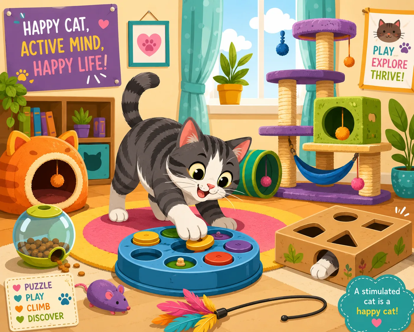 Happy indoor cat enjoying toys and enrichment activities instead of excessive licking
