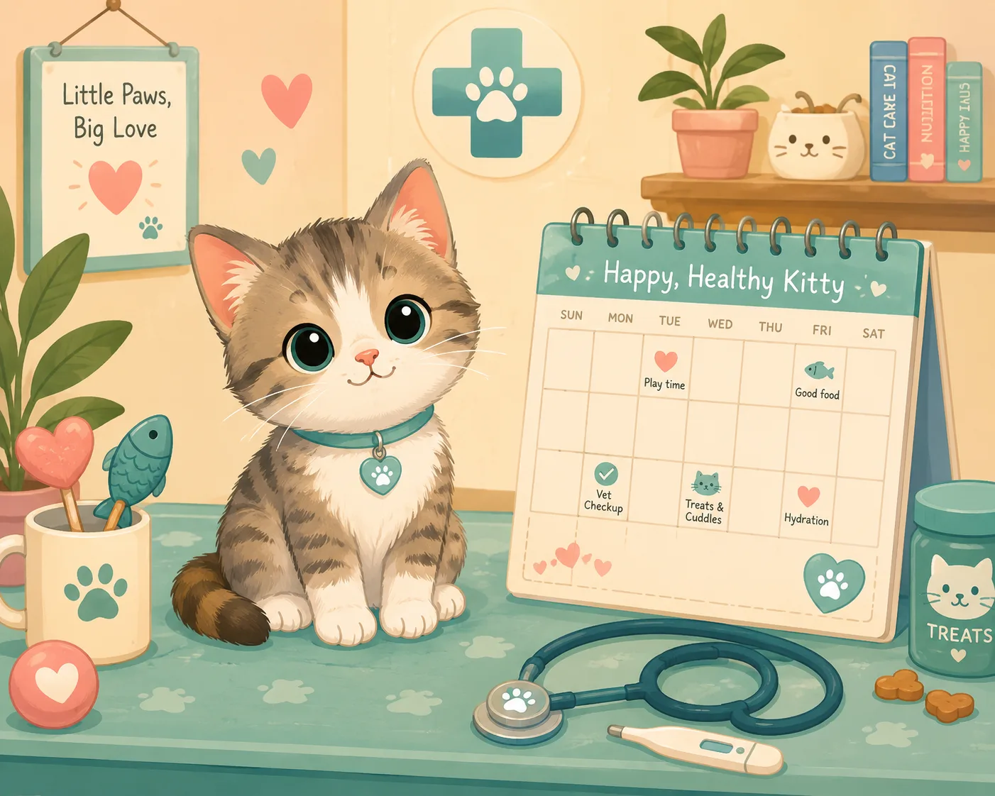 Illustrated kitten at a veterinary timing checkup