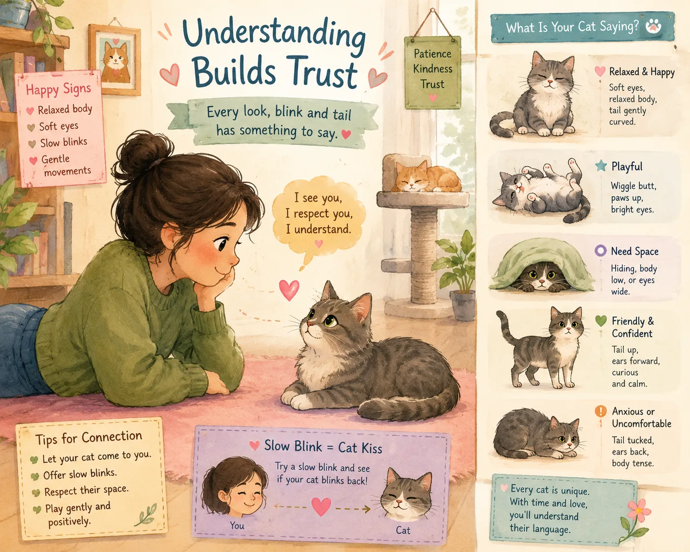 Pet owner observing cat behavior to understand communication