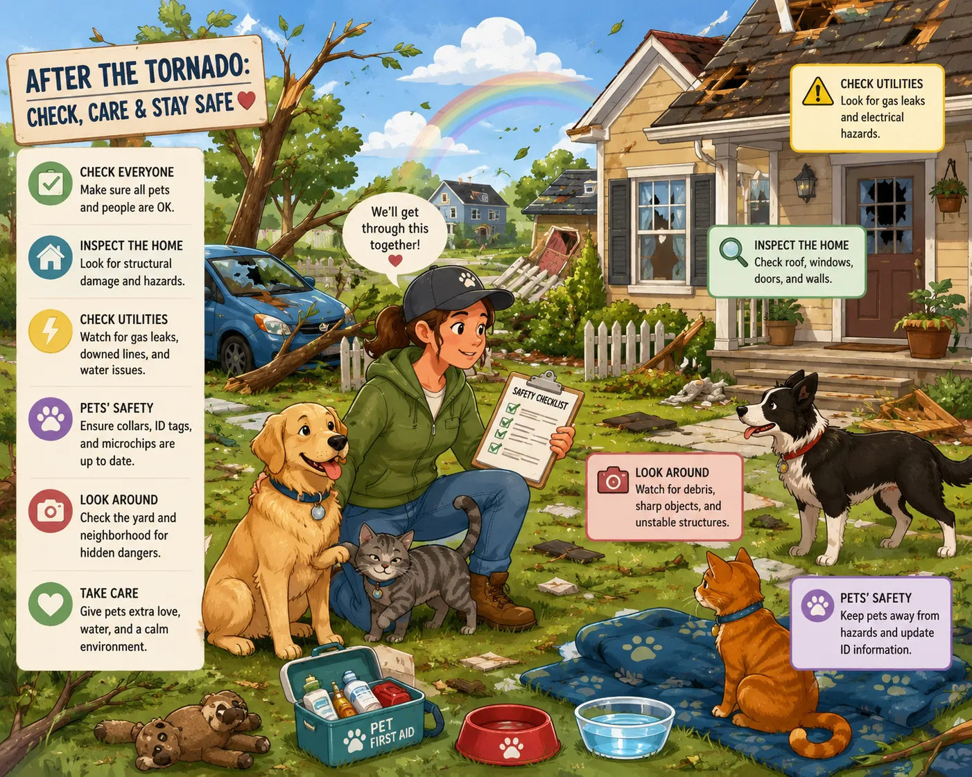 Pet owner inspecting animals and surroundings after a tornado