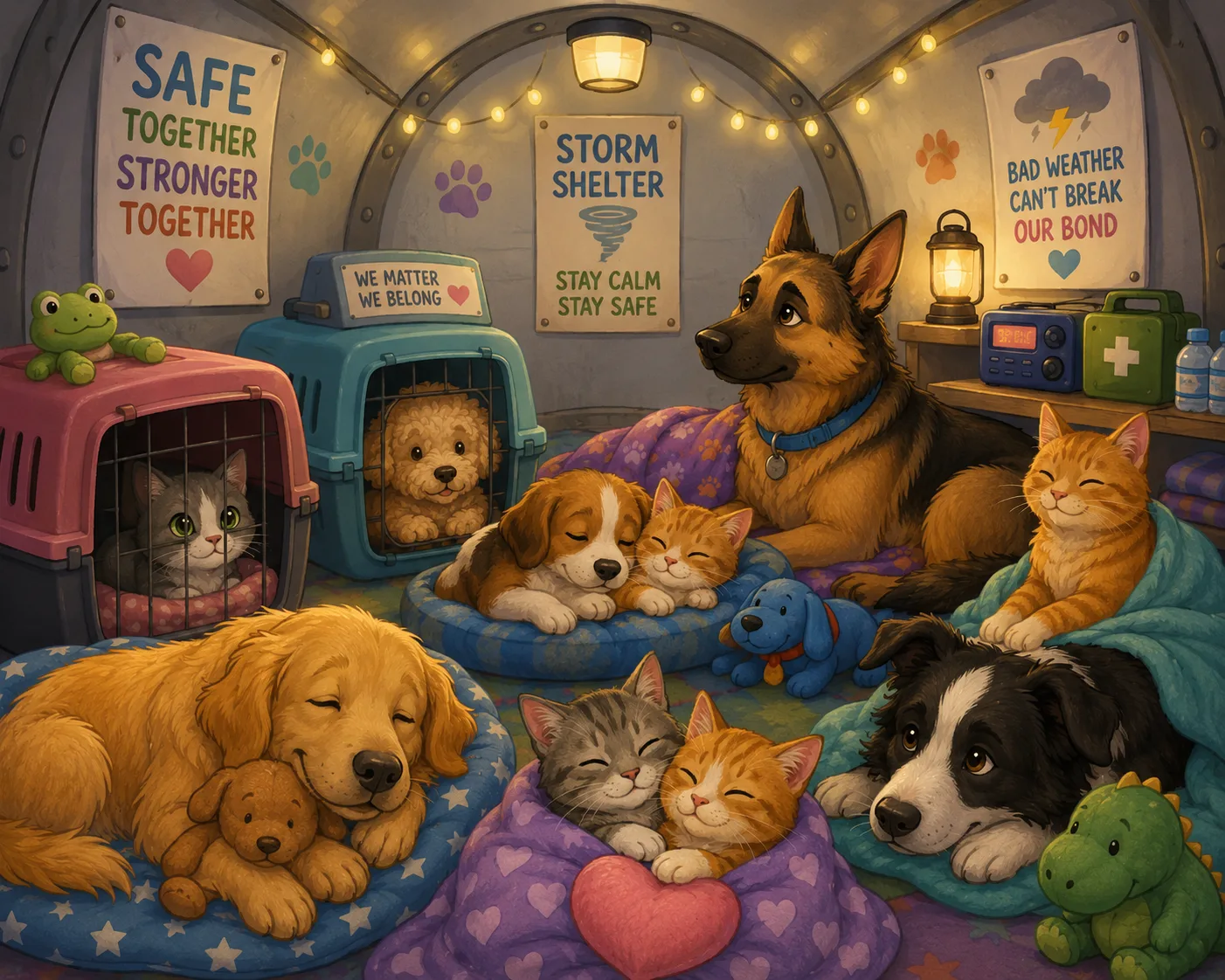 Dogs and cats staying calm in a protected indoor tornado shelter