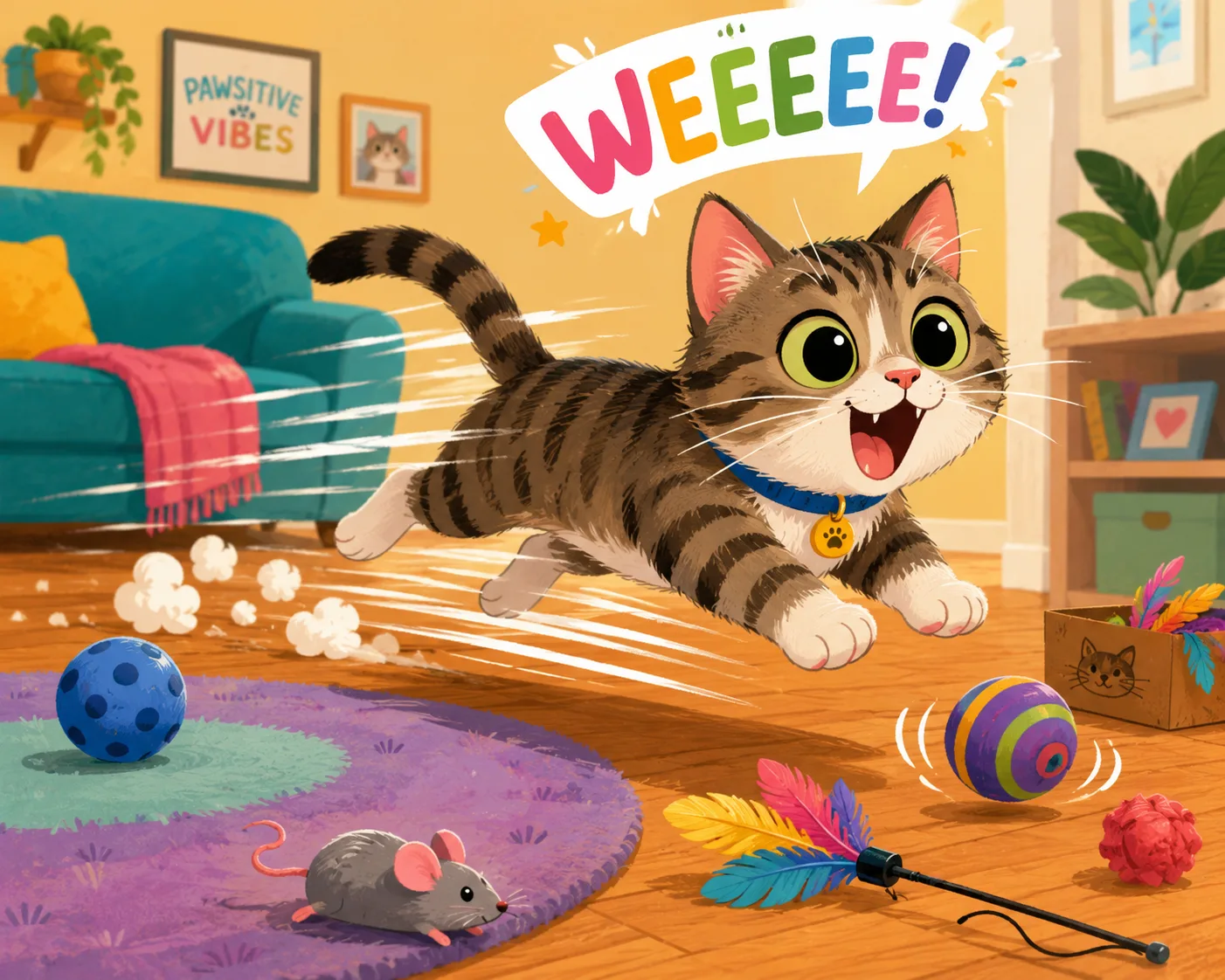 Playful cat with dilated pupils during energetic zoomies