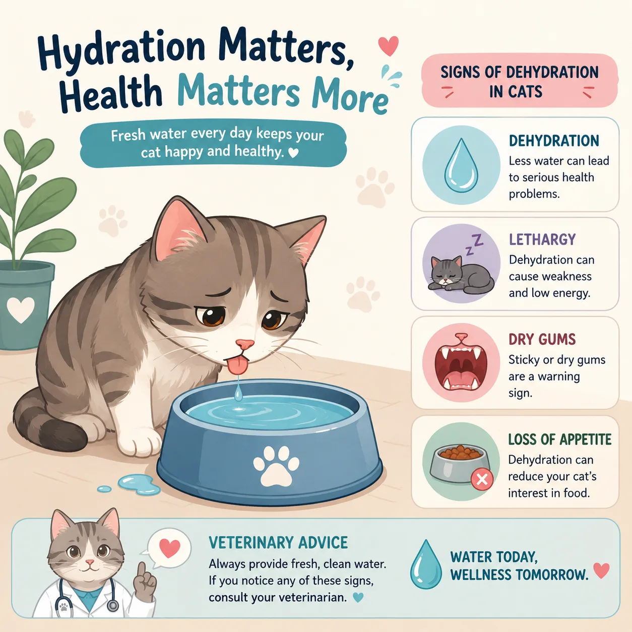 Thirsty cat with simple health warning icons