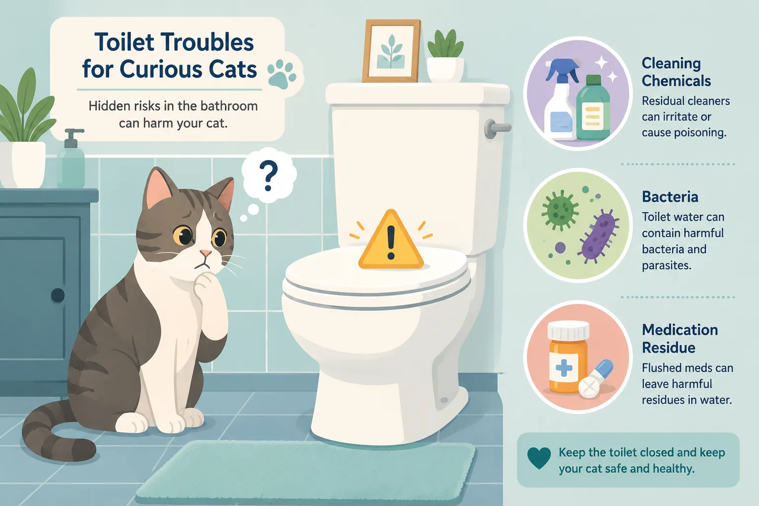 Cat beside toilet water risk icons for chemicals and bacteria