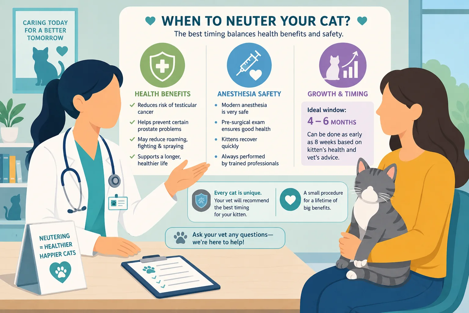 Veterinarian discussing cat neutering risks in a soft illustration