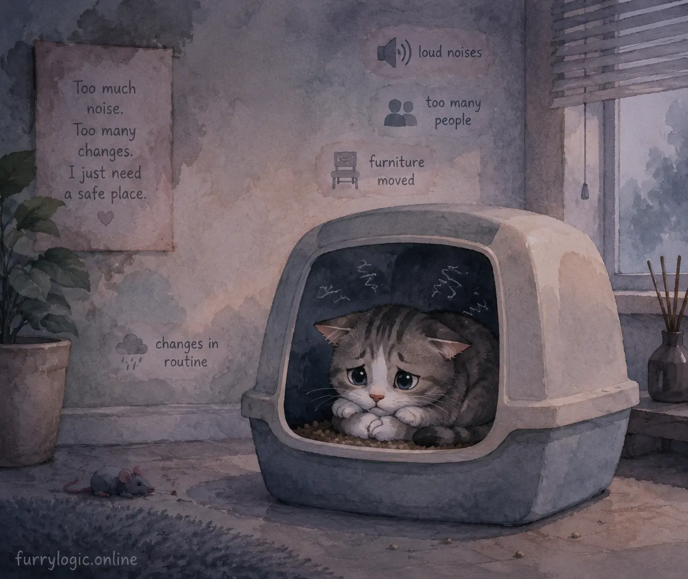 Anxious cat hiding inside litter box due to stress and anxiety