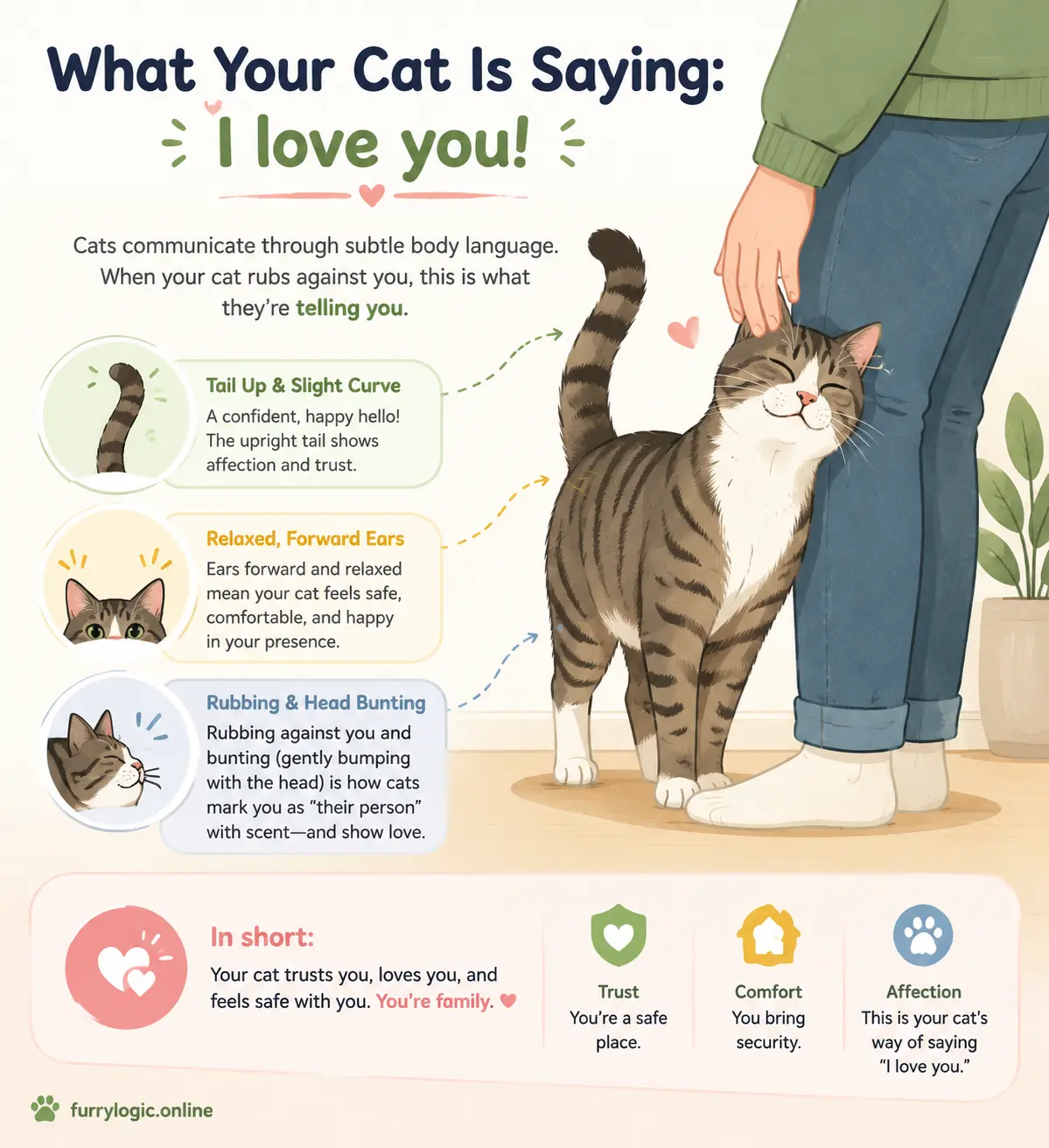 Cat displaying multiple body language signals while rubbing against human showing communication and emotion