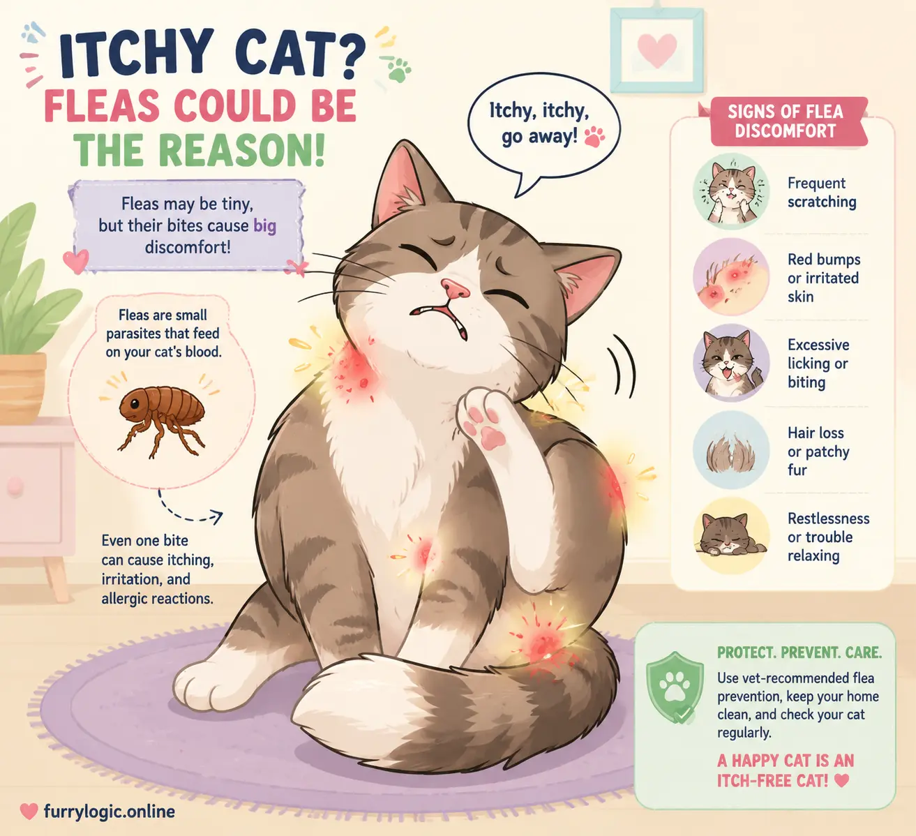 Stylized illustration of a cat scratching itself showing irritation caused by fleas
