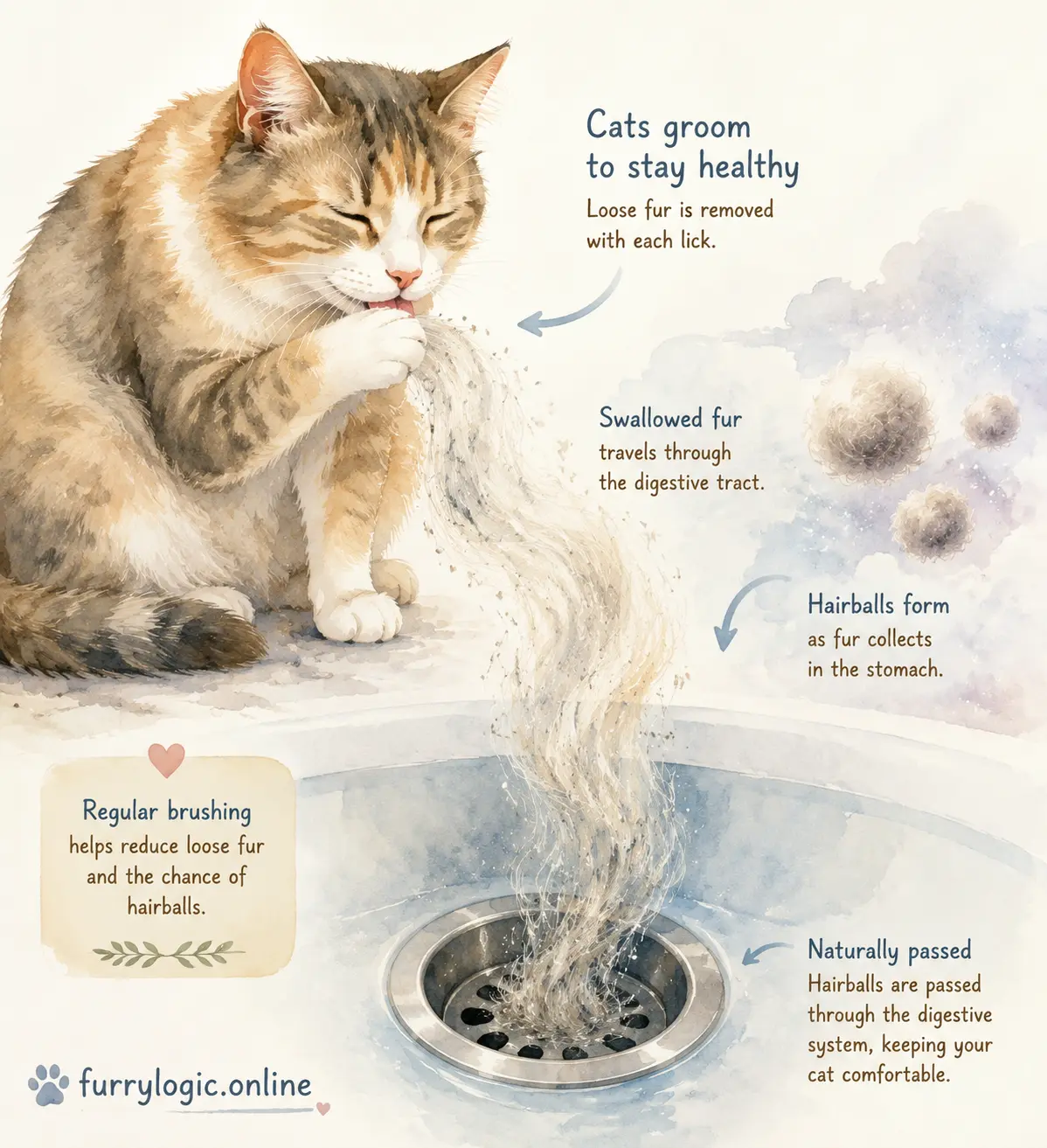 Cat grooming and hairball digestive sink metaphor illustration