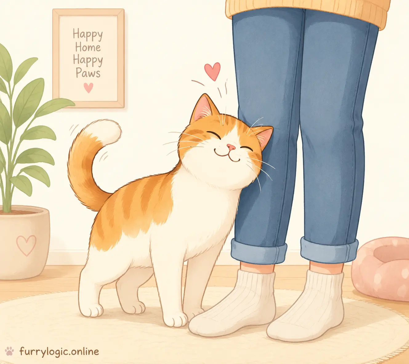 Cat rubbing against human leg during daytime showing affection and bonding