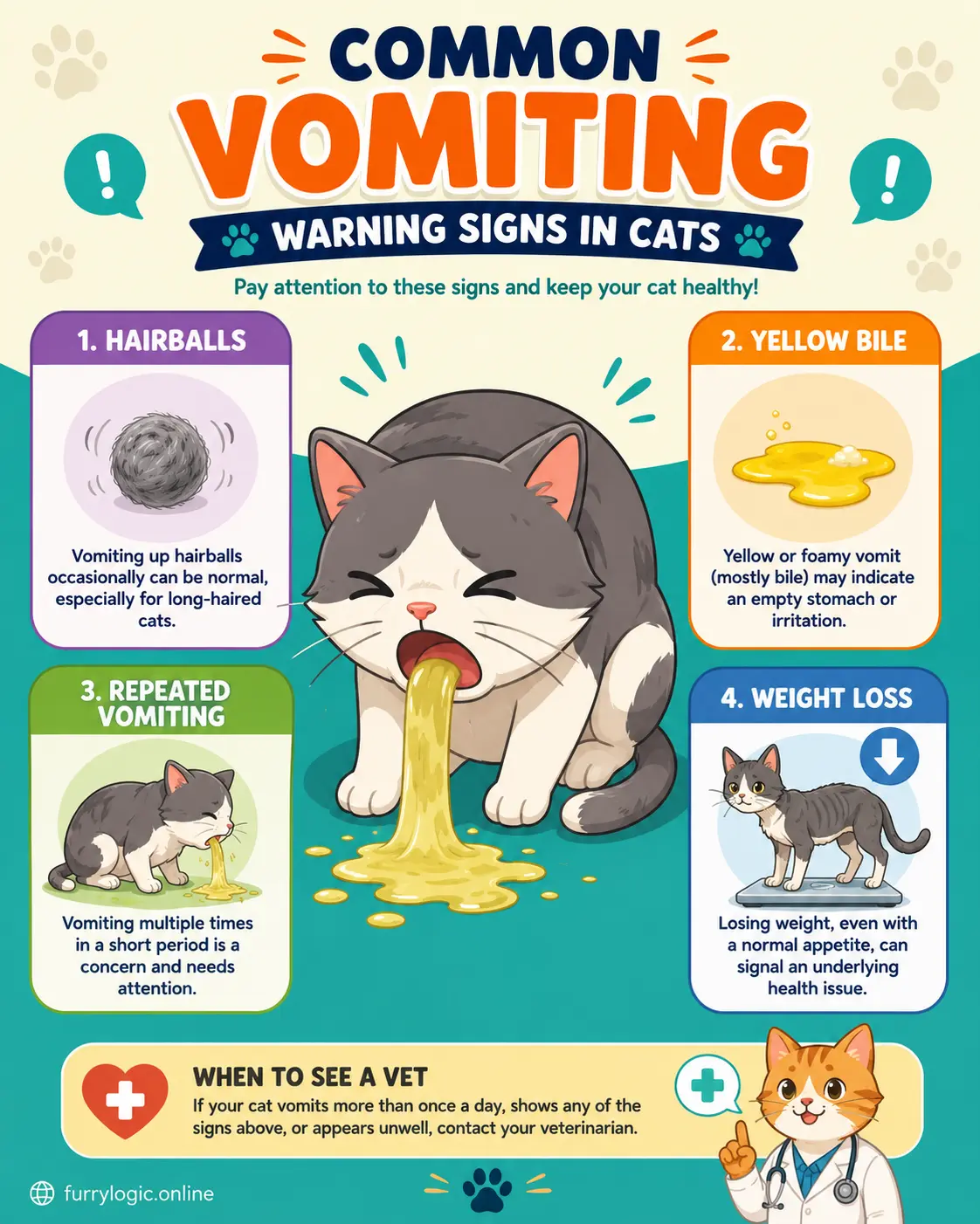 Illustrated cat showing common vomiting warning signs