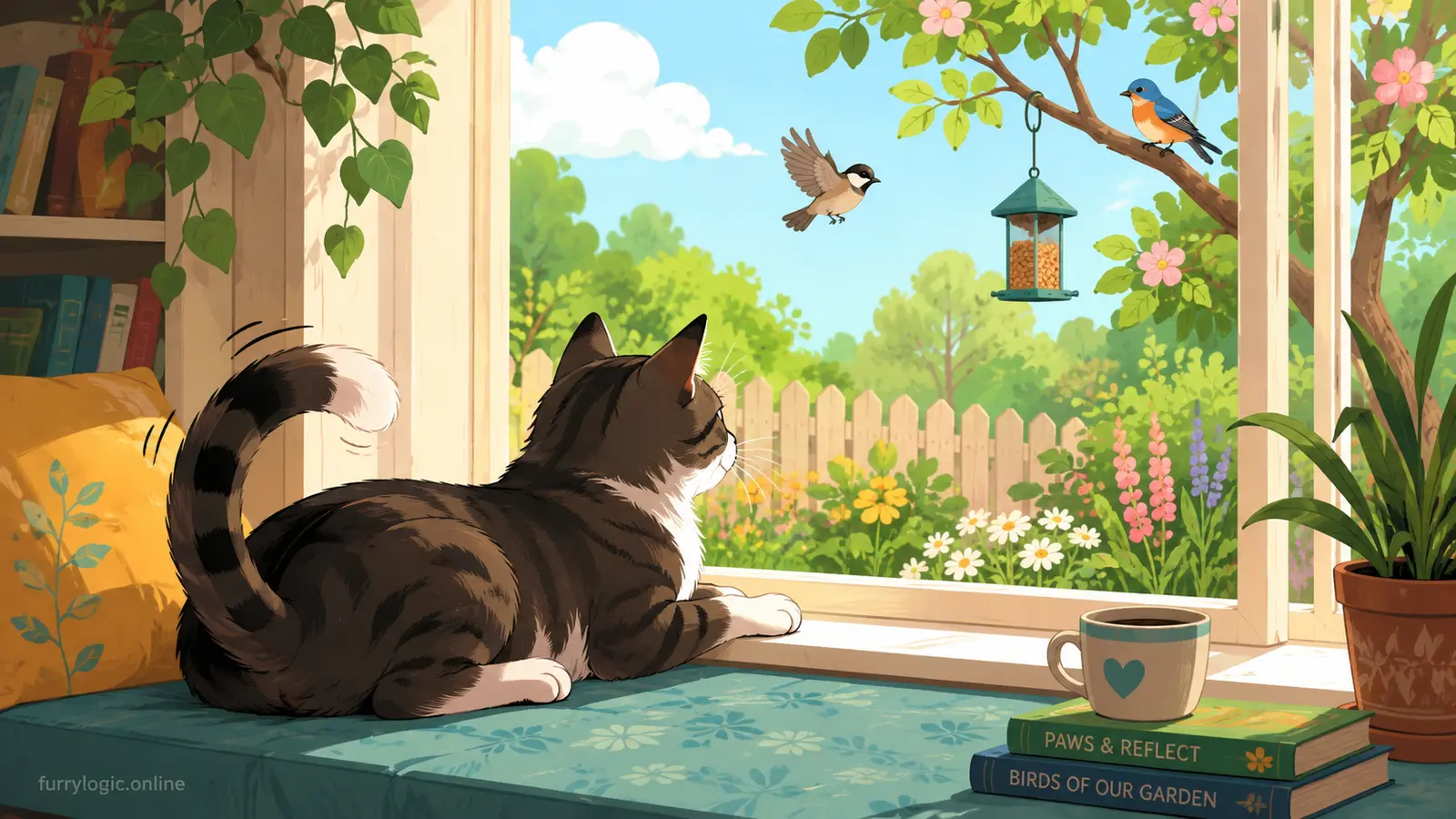 Cat watching outdoors with attentive tail movement