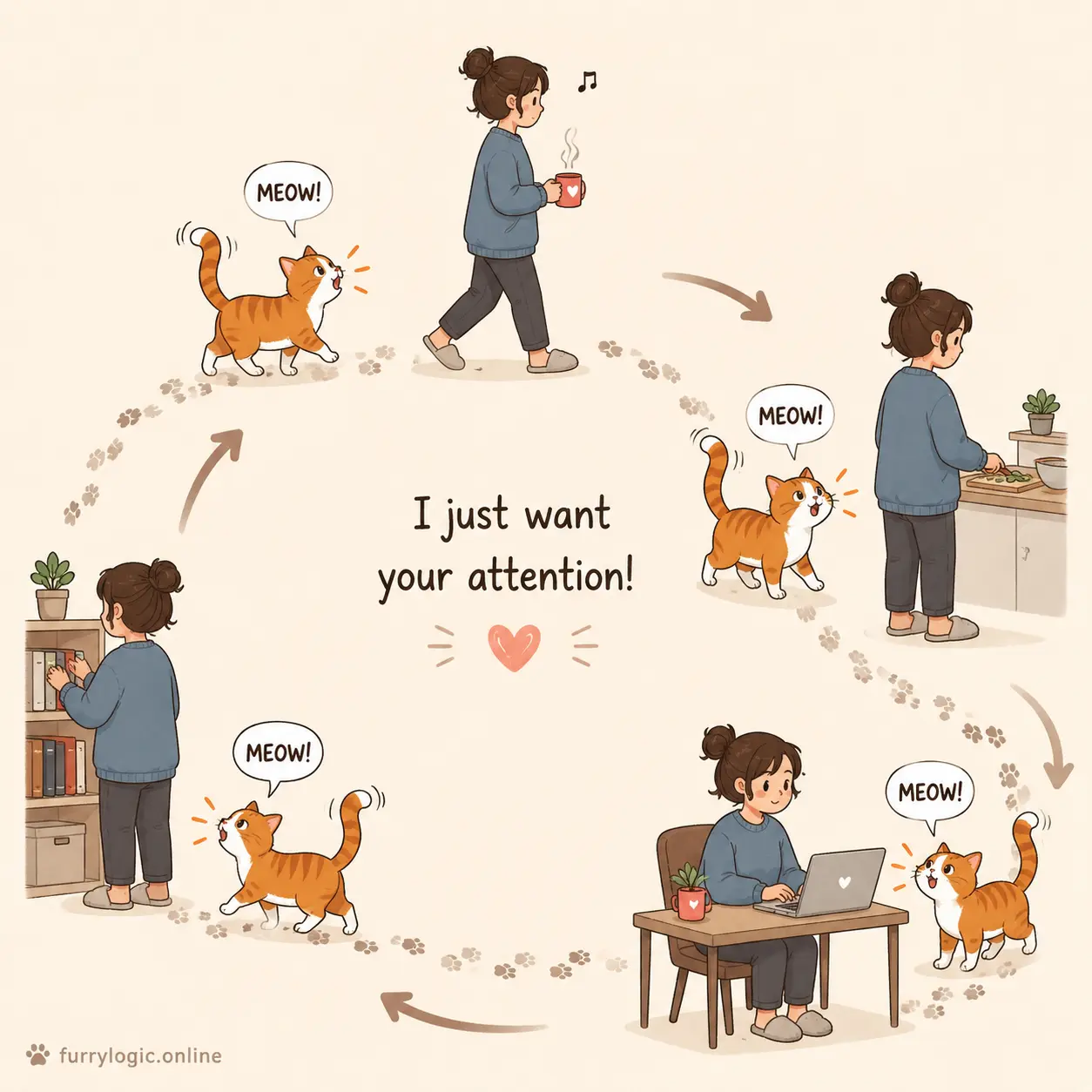Cat meowing and following owner representing attention-seeking behavior cycle