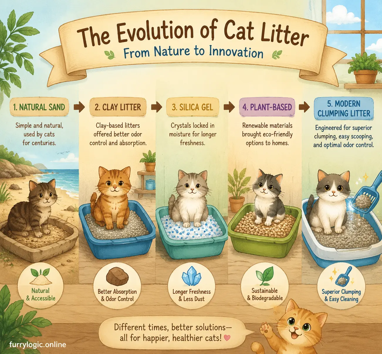 Illustration of cat litter evolution from sand to modern clumping litter