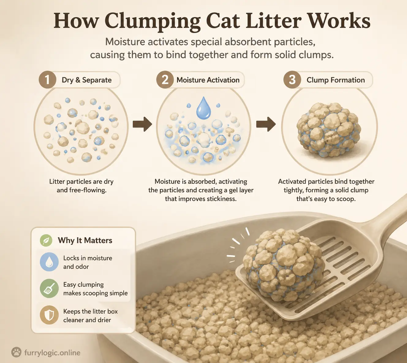 Soft educational illustration showing moisture triggering litter clumping reaction