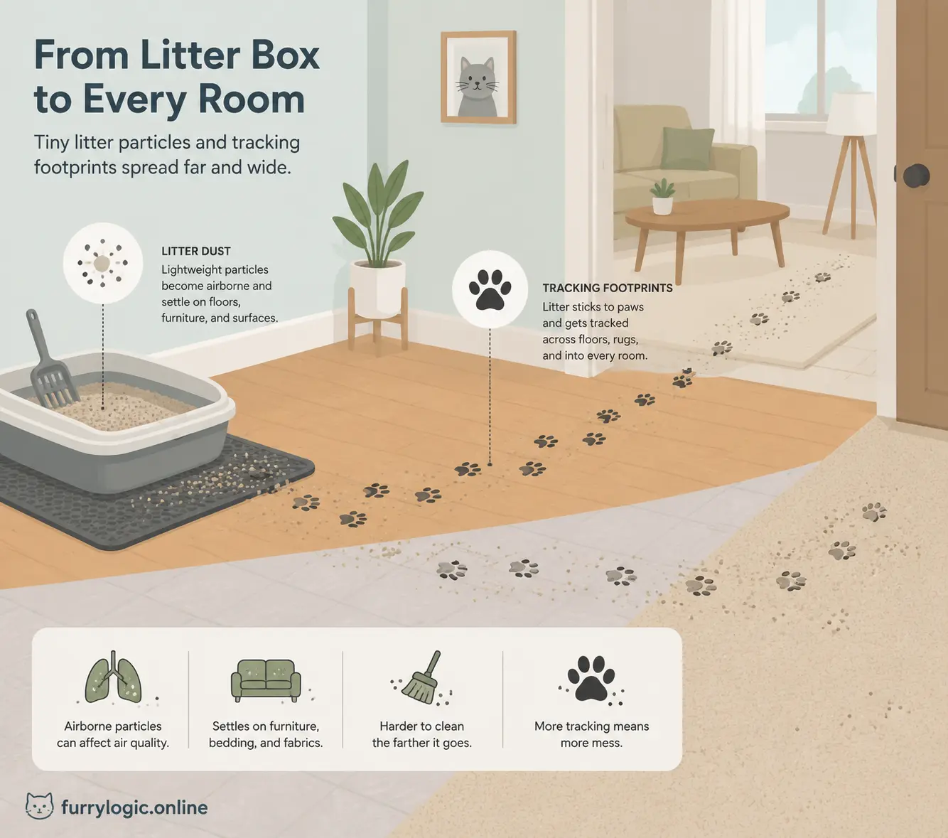 Flat design illustration of litter dust and tracking around a home