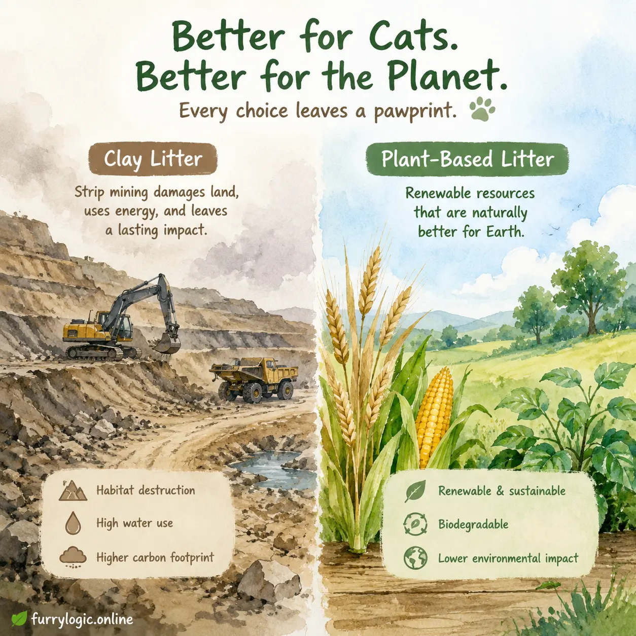 Watercolor illustration contrasting clay mining and plant-based litter alternatives