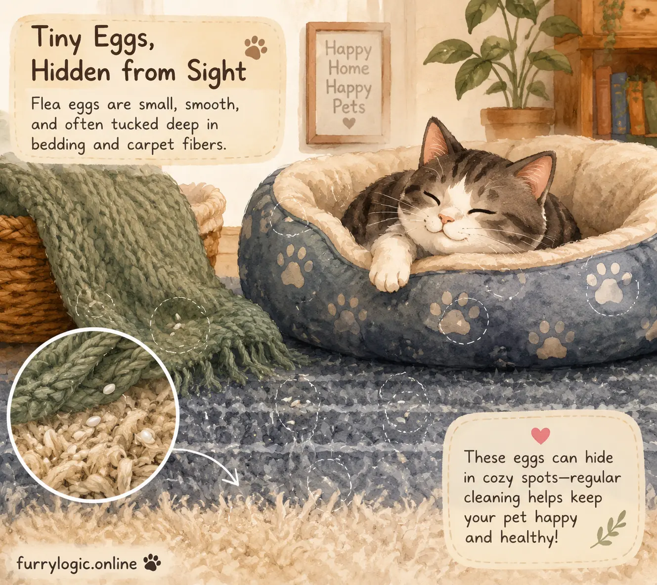 Stylized illustration of flea eggs scattered across cat bedding and carpet fibers in a cozy home setting