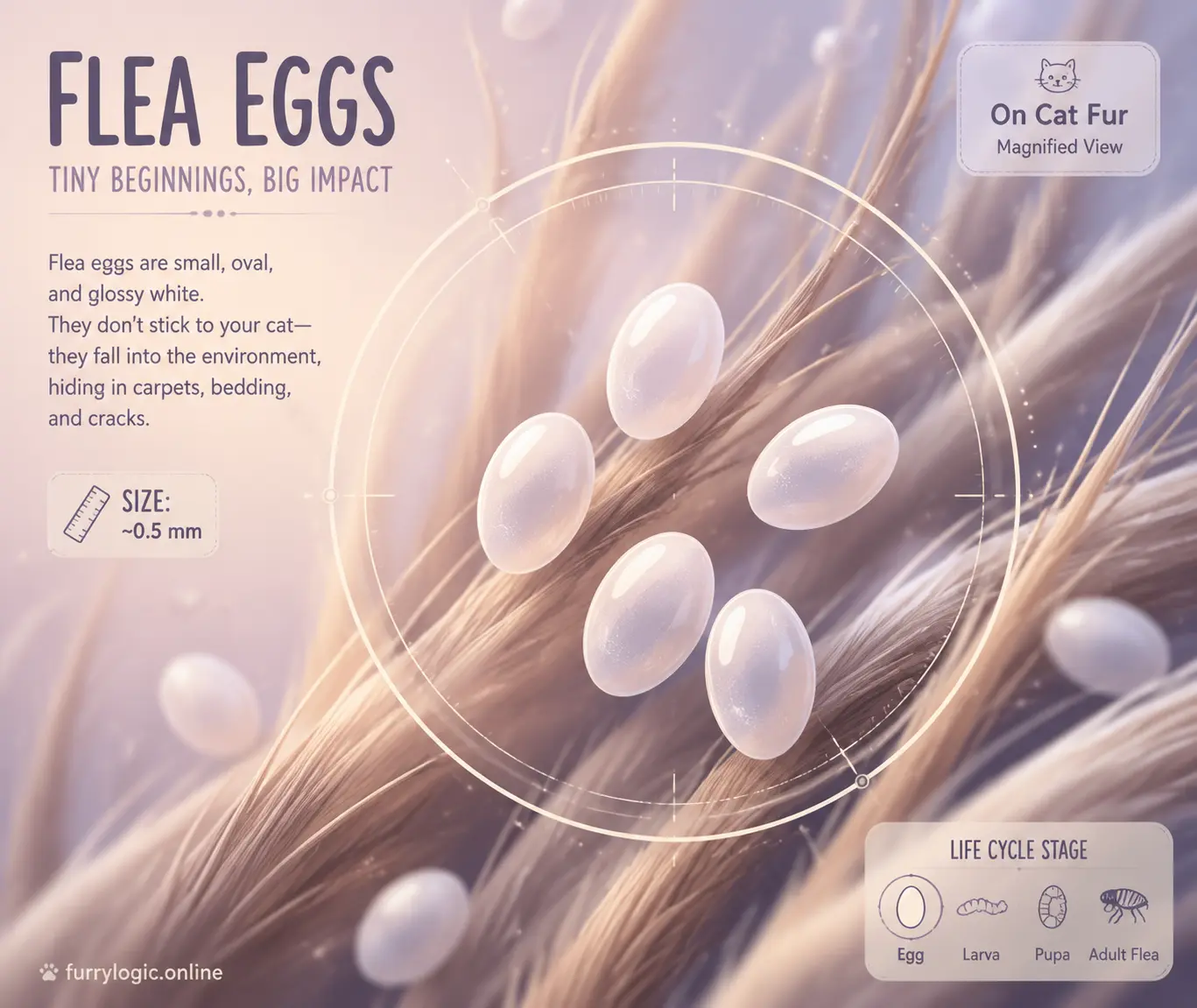 Stylized illustration of flea eggs magnified in a soft microscopic view on cat fur