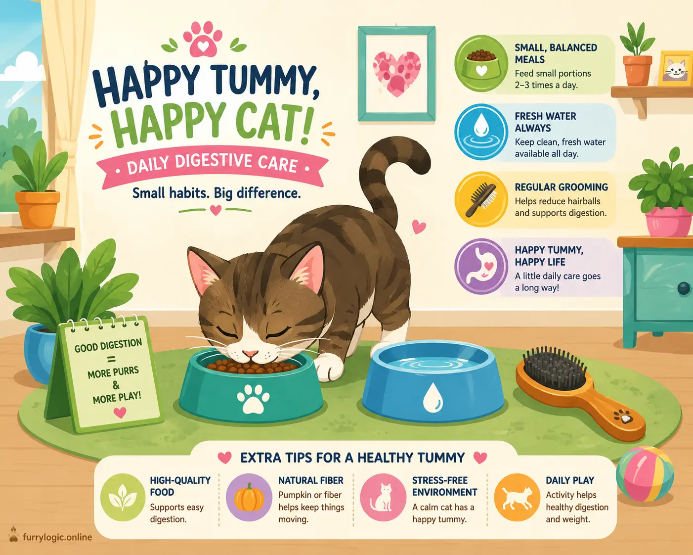 Healthy cat eating small meals with proper daily care