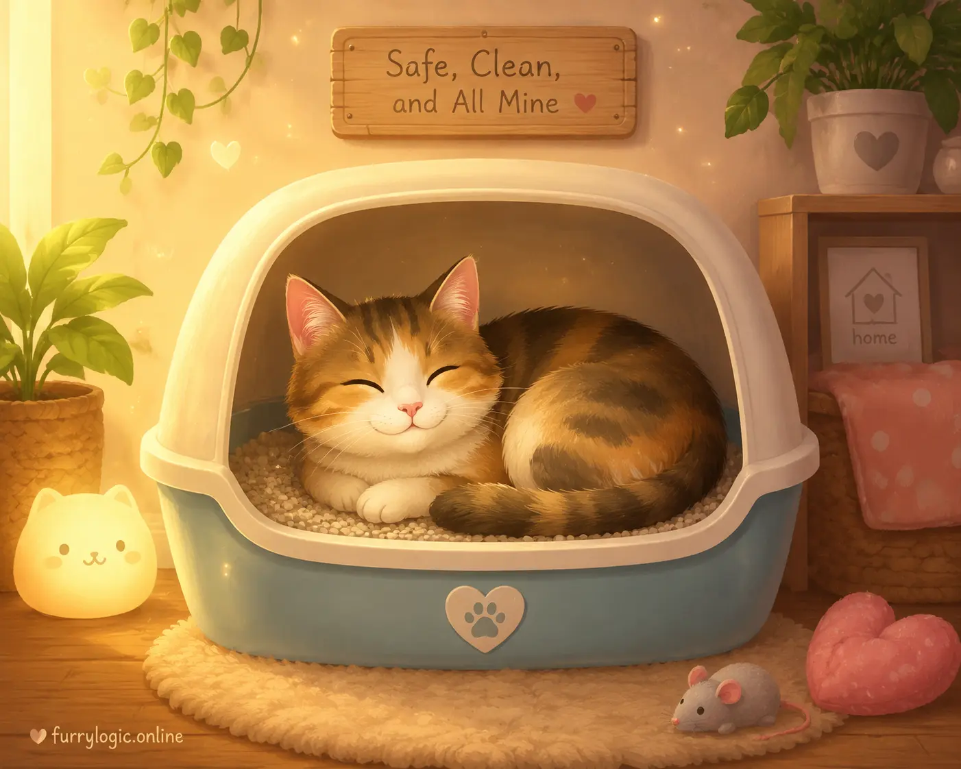 Cat resting comfortably in litter box as a safe space