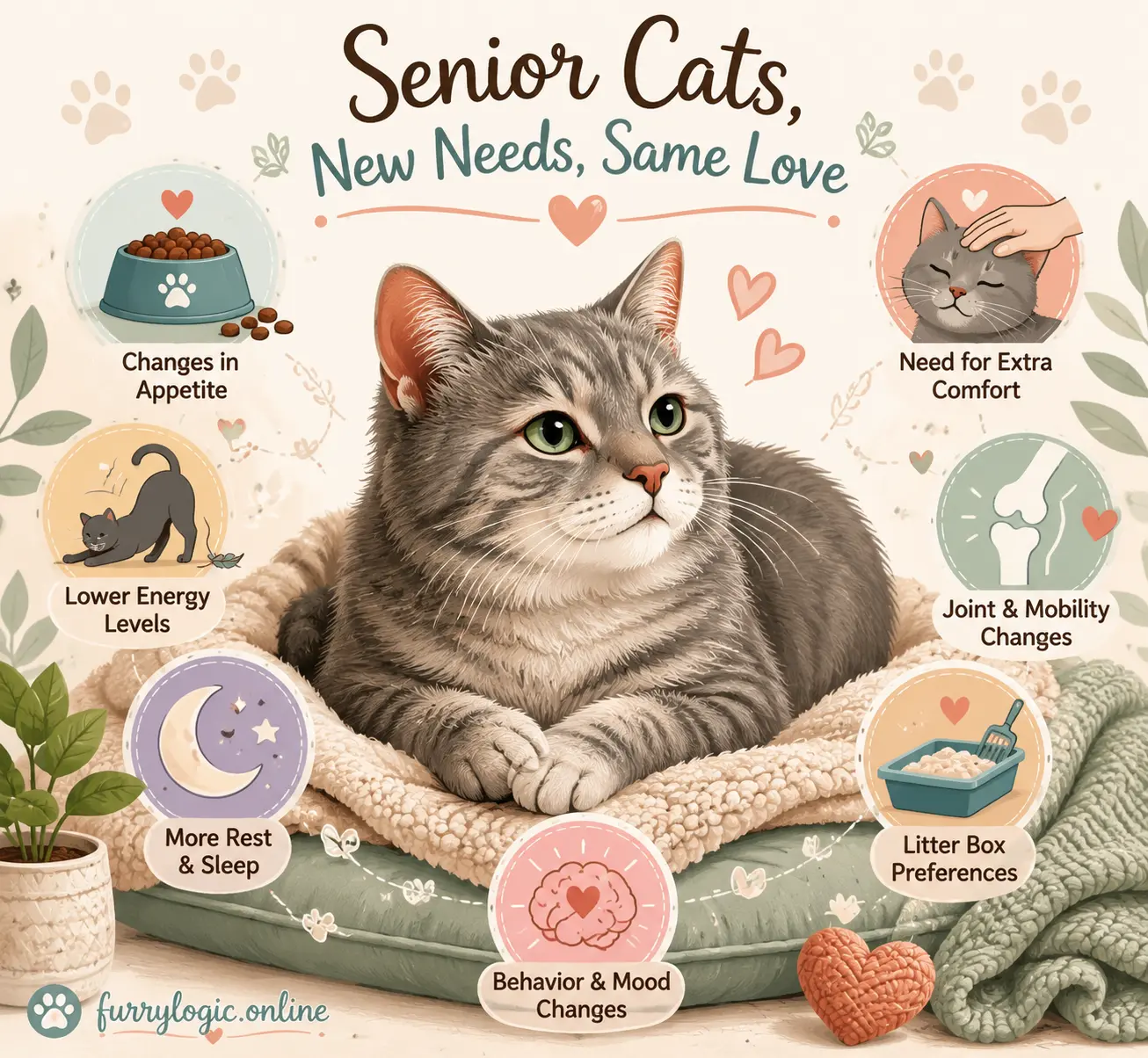 Cat showing health-related behavioral changes with symbolic icons