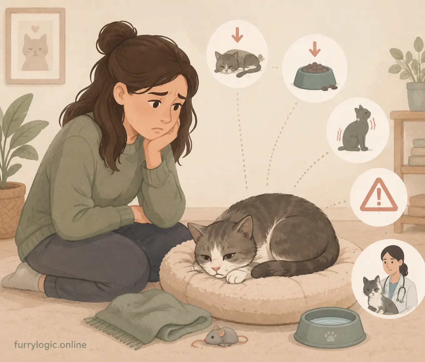 Concerned cat owner observing sick cat with warning signs illustration