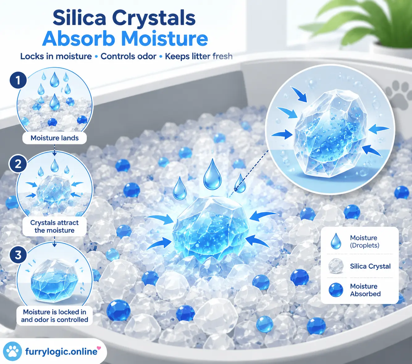 Vector illustration of silica crystals absorbing moisture in litter