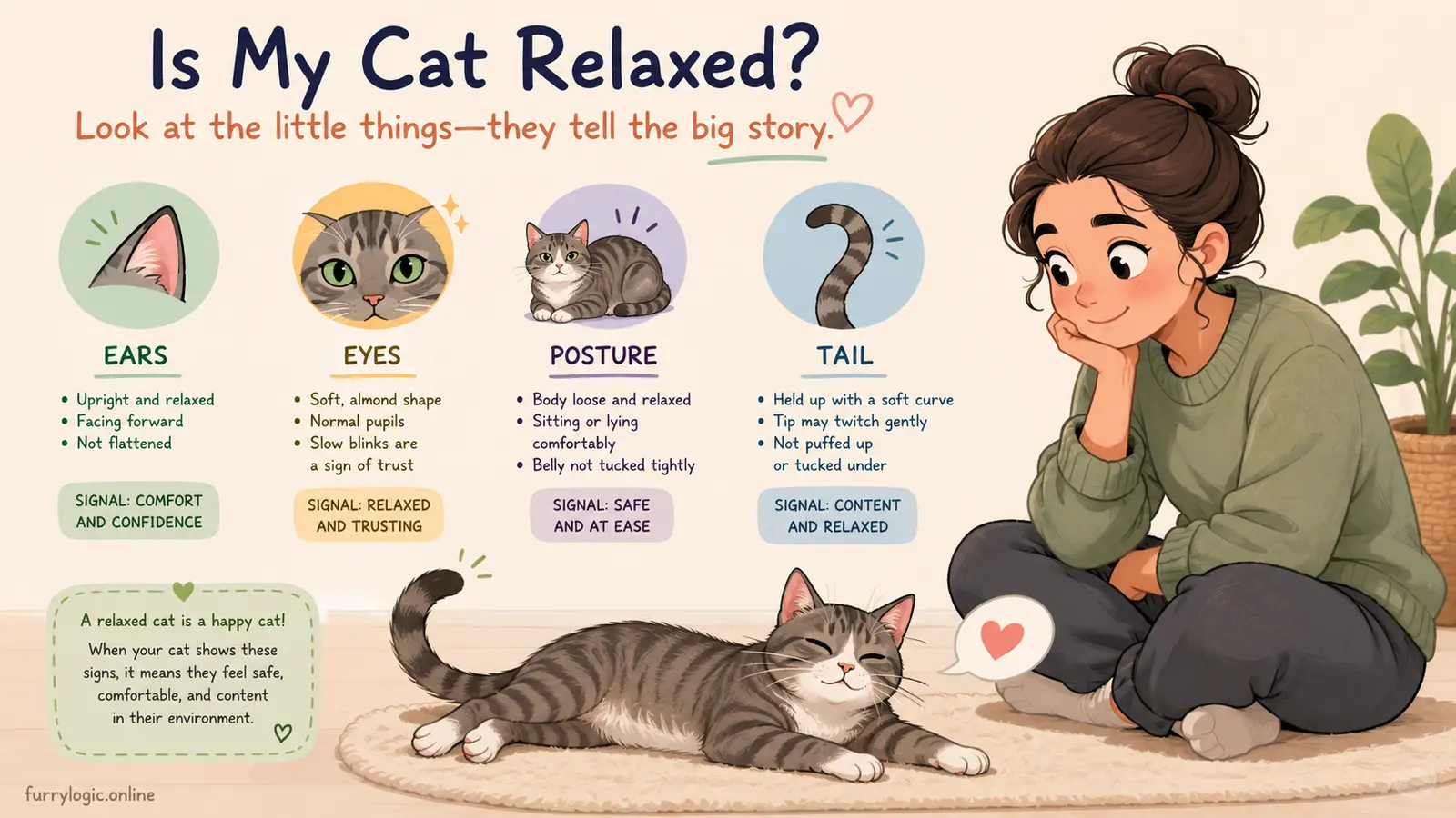 Owner observing relaxed cat body language cues