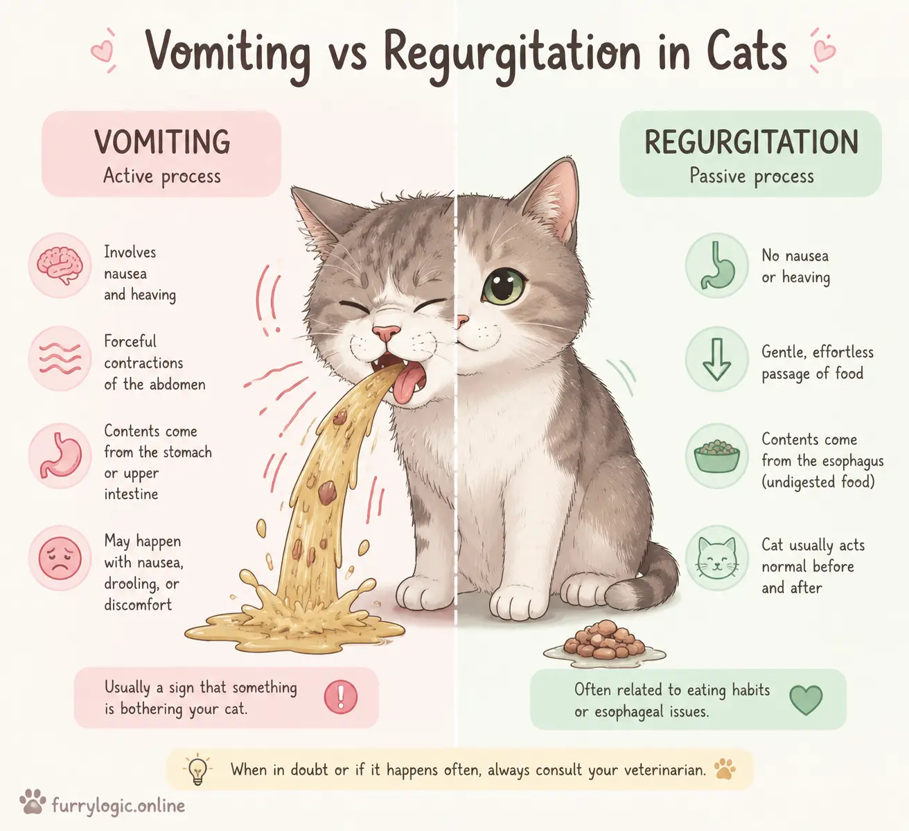 Cat showing vomiting vs regurgitation comparison illustration