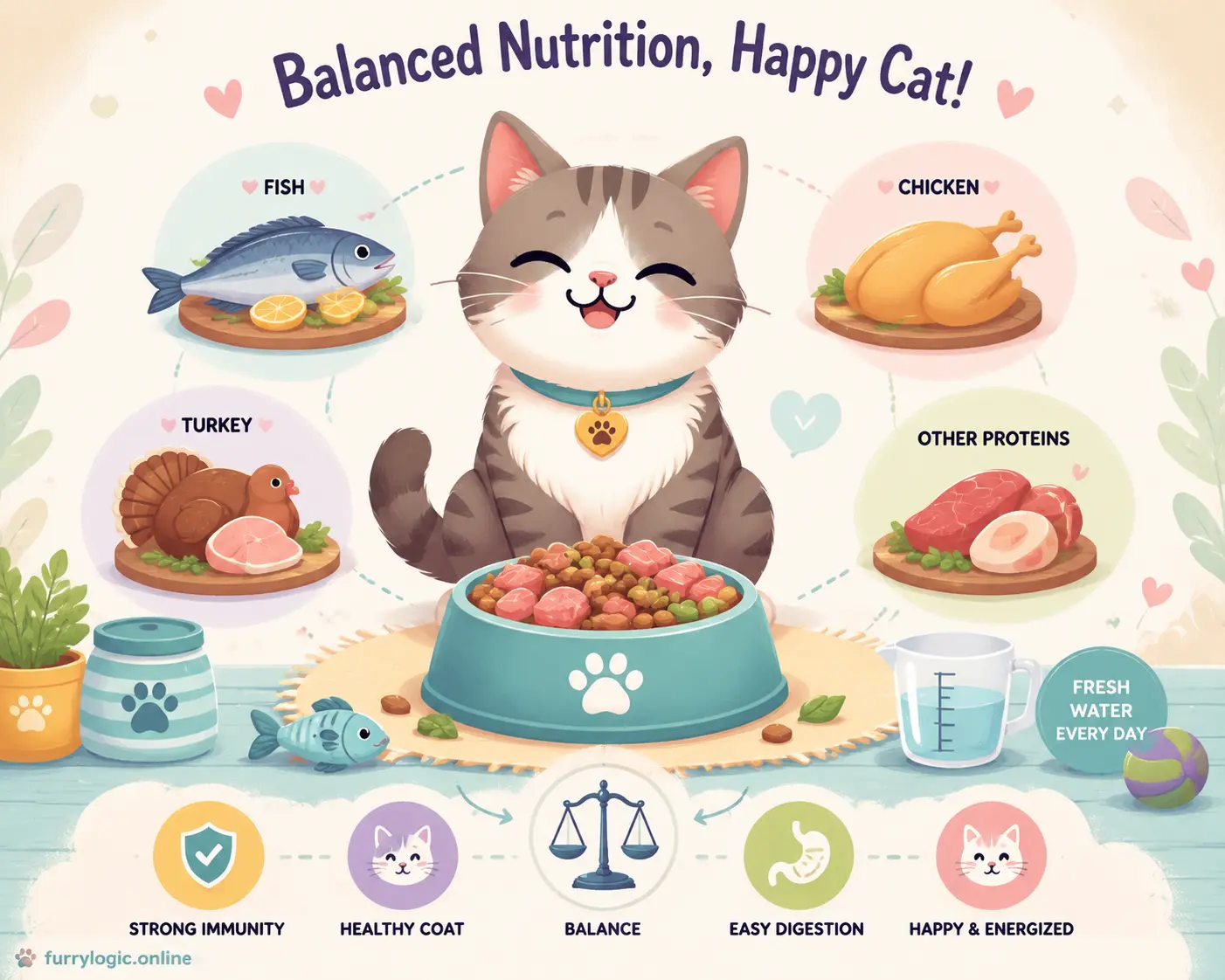 Balanced cat diet showing fish and other protein options