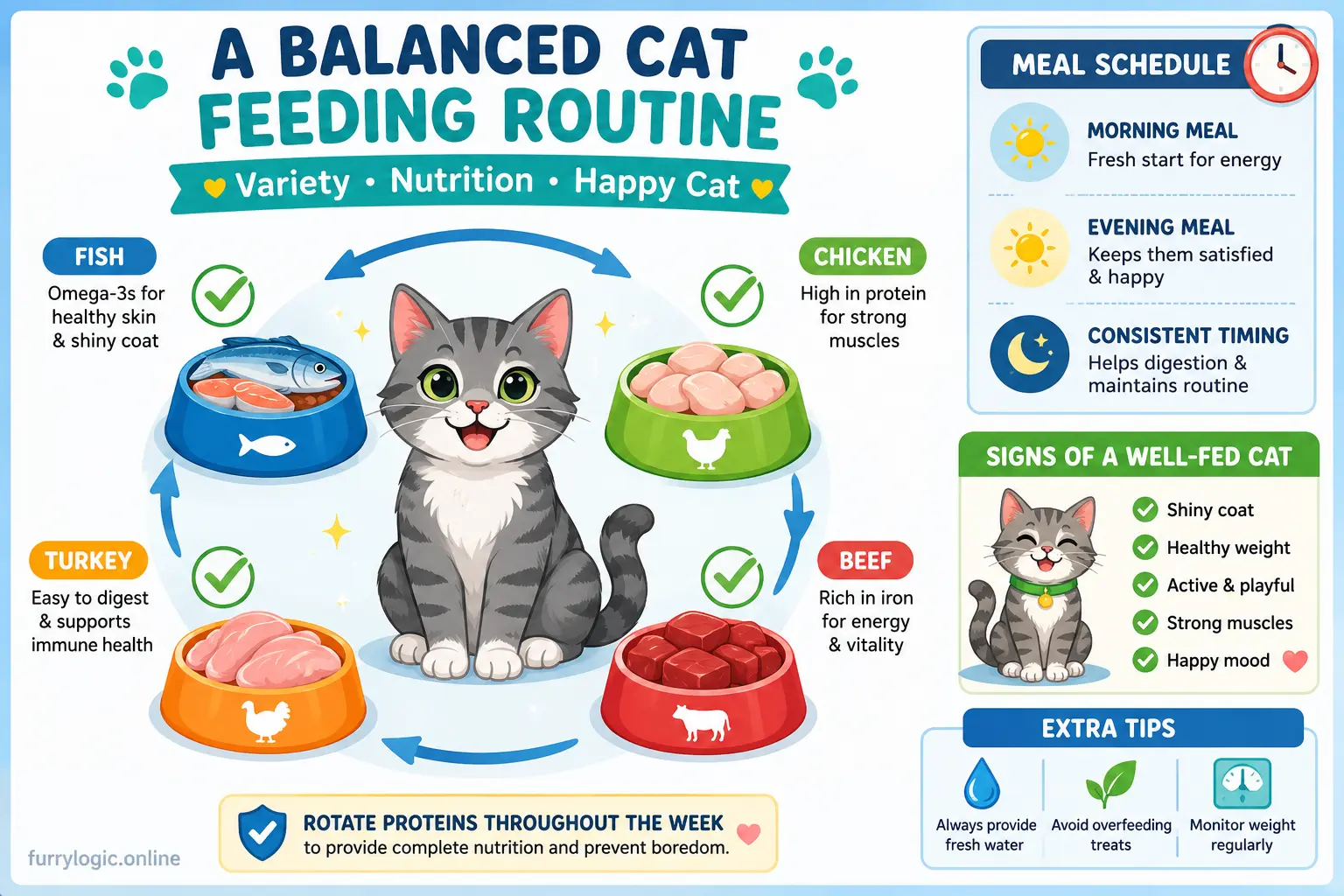 Balanced feeding routine with fish and varied proteins for a healthy cat