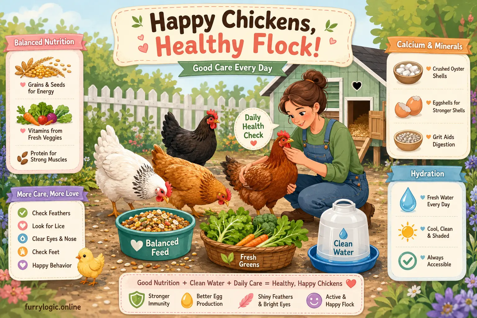 Balanced nutrition and daily care for healthy backyard chickens