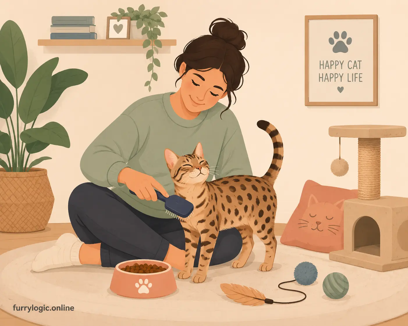 Soft illustration of a person caring for an active spotted cat with toys and grooming tools
