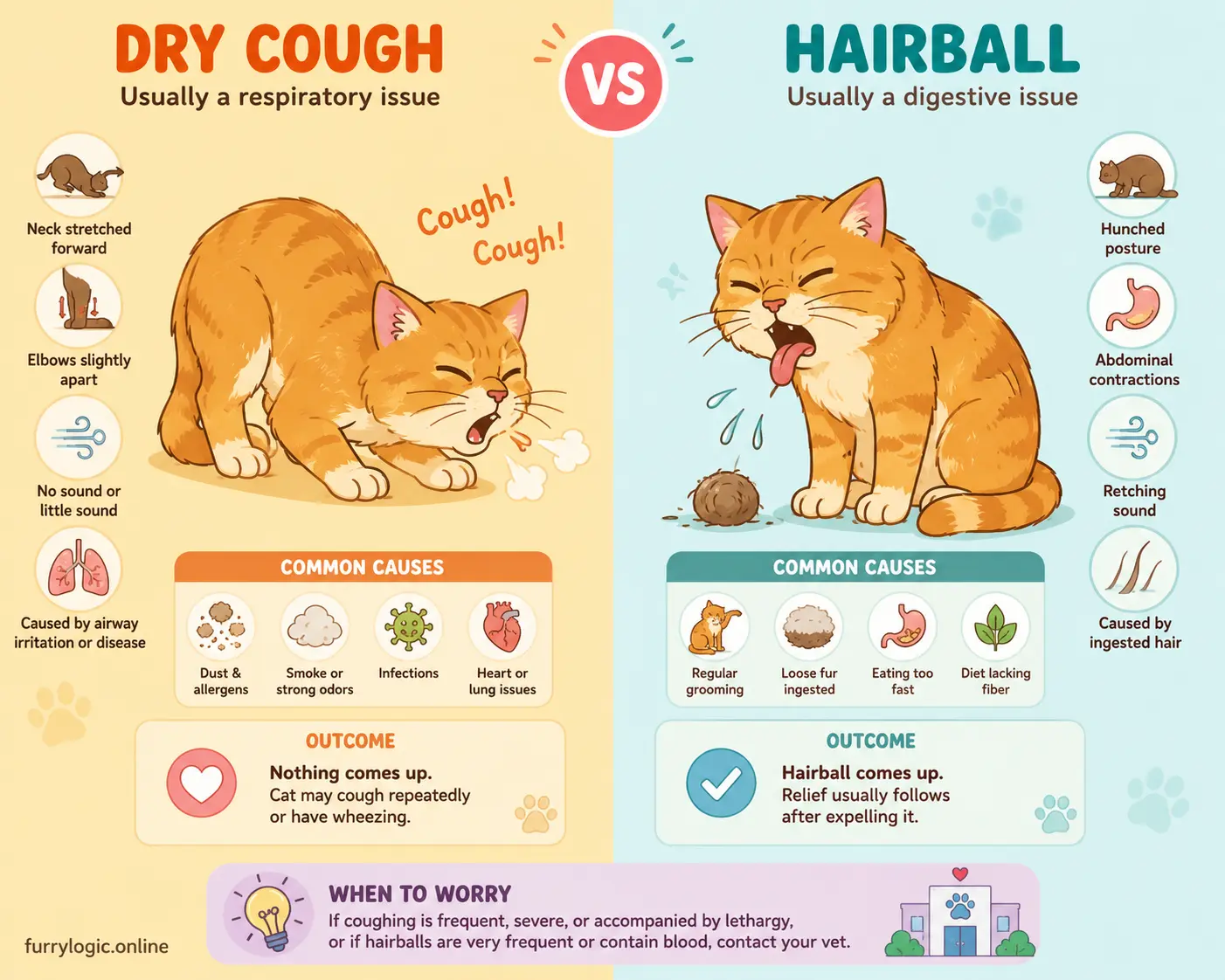 Side-by-side illustration comparing cat coughing and a hairball episode