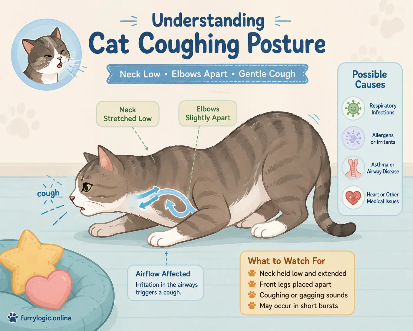 Illustration of a cat showing the classic coughing posture